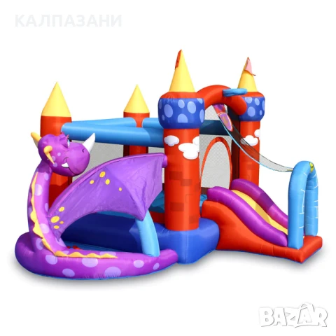 HAPPY HOP Батут замък с дракон, топки и помпа 350x350x245 9022, снимка 10 - Надуваеми играчки - 50446938