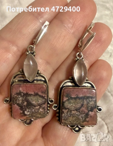 Сребърни обеци с естествени камъни радонът и розов кварц, снимка 2 - Обеци - 53373657