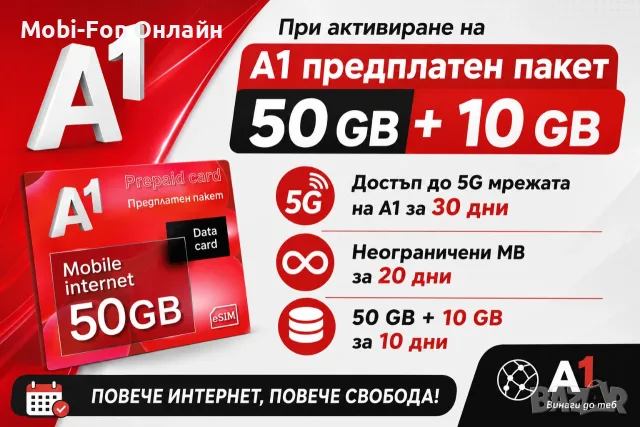 Мобилен интернет 60GB сим карта / sim card А1 Предплатен пакет
