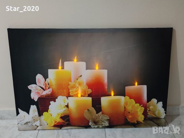Светеща картина с Led осветление - свещи и цветя, снимка 2 - Картини - 35768190