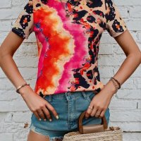 Дамска тениска с кръгло деколте и къс ръкав с леопардов принт, 4цвята , снимка 6 - Тениски - 41497389