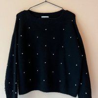 H&M Черен пуловер с диаманти 🖤, снимка 1 - Блузи с дълъг ръкав и пуловери - 44326309