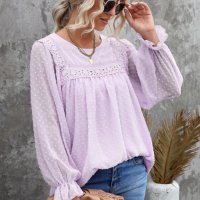 Дамска елегантна блуза в светлолилаво с принт на точки, снимка 4 - Блузи с дълъг ръкав и пуловери - 40354300