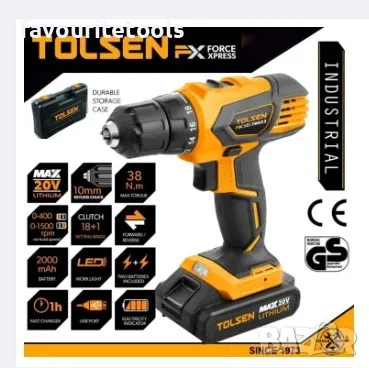 Акумулаторен винтоверт Tolsen, 18V, 38Nm, 2 батерии, зарядно, допълнителни свредла и битове, снимка 1
