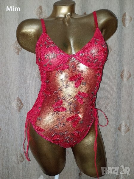 S/M Червено дантелено боди с релефни пеперуди , снимка 1