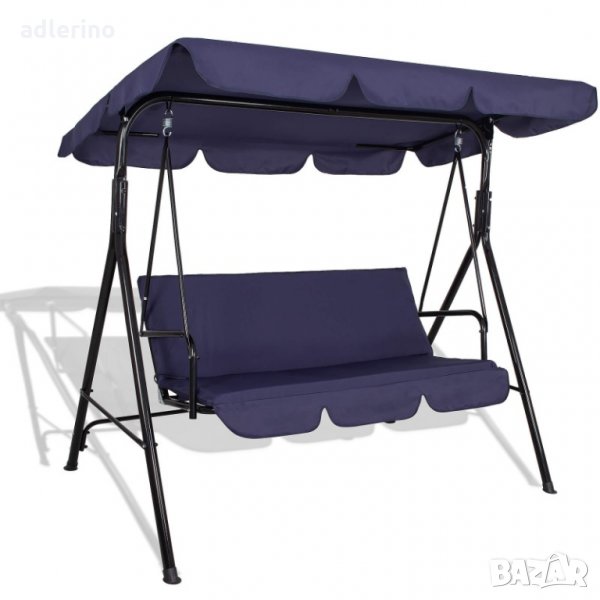 Люлка за веранда за 3 души с покрив, тъмносиньа, градинска люлка, люлка за тераса, люлееща пейка, снимка 1