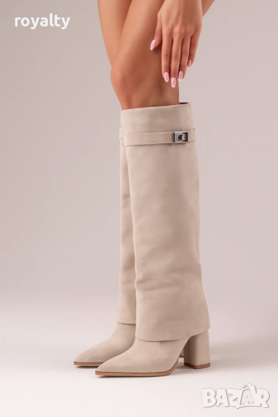 Ботуши на ток - бежов велур, снимка 1