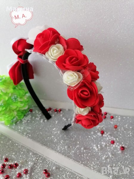Диадема за коса с рози и панделка с шевица , снимка 1