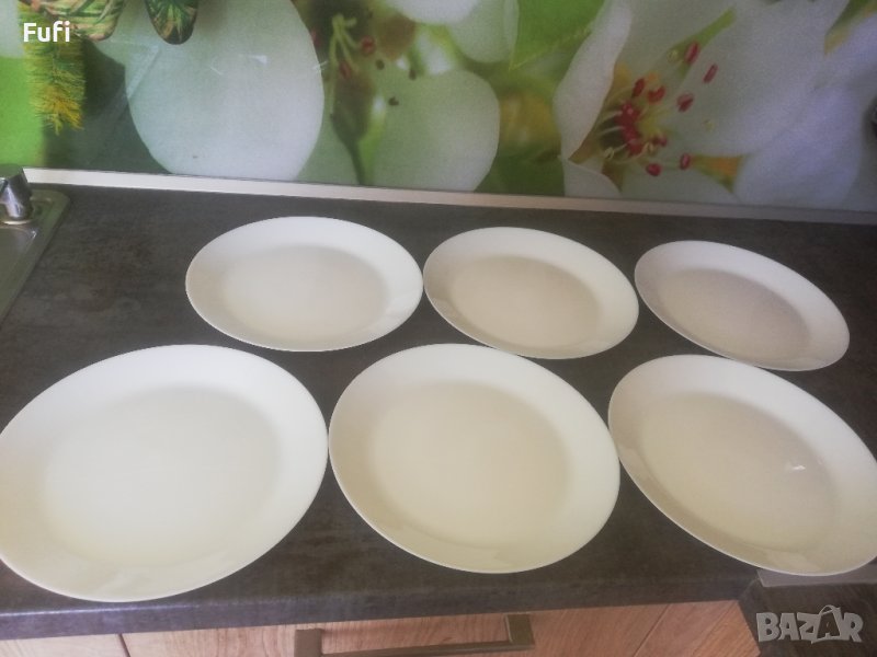 13 лв за 6 броя нови чинии, закалено стъкло френски с етикети плитки големи 25см диаметър , снимка 1