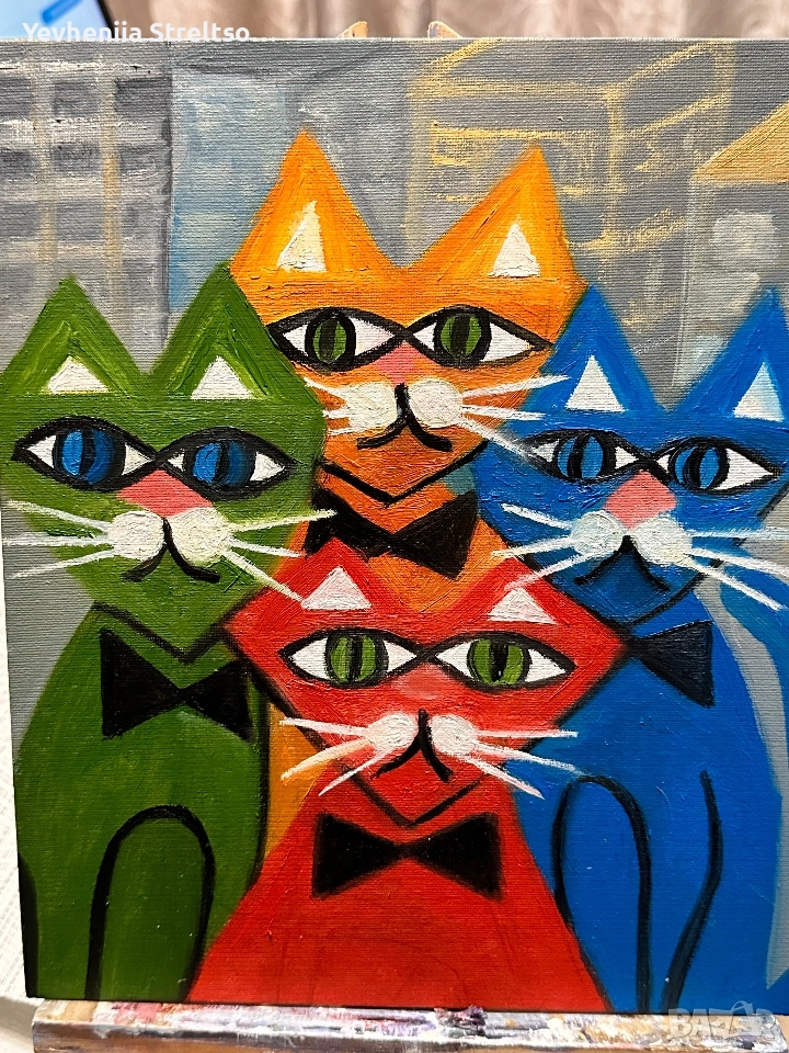 Картина маслом КВАРТЕТ МАРТОВСКИХ КОТОВ, снимка 1