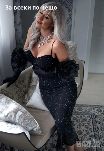 Дамска Черна Рокля С Блестящи Камъчета Код S129, снимка 1