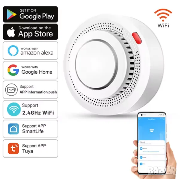 Tuya Smart/Smart Life WiFi Алармен противопожарен сензор за дим/пушек, снимка 1