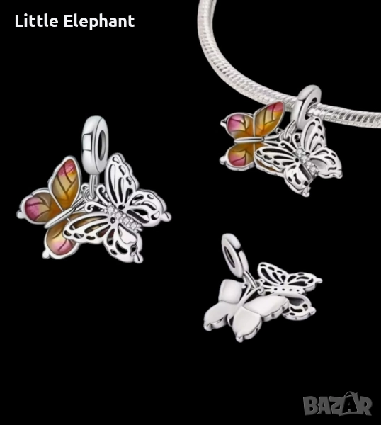 Сребърен висящ елемент Пандора пеперудка"Multicoloured,double"/нова, снимка 1