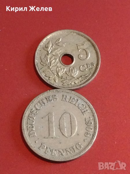 Две монети 10 Дойче Райх пфенинги 1908г. Германия/ 5 сантима 1928г. Кралство Белгия 32108, снимка 1