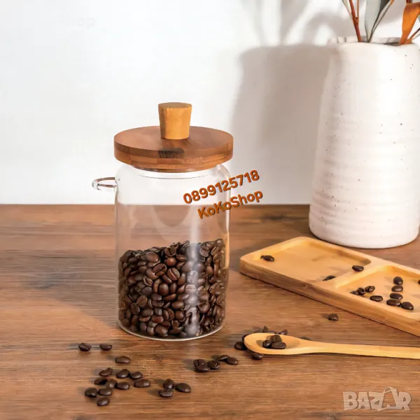 Буркан с бамбуков капак и лъжичка-750 мл./буркан за кафе/буркан за подправки, снимка 1