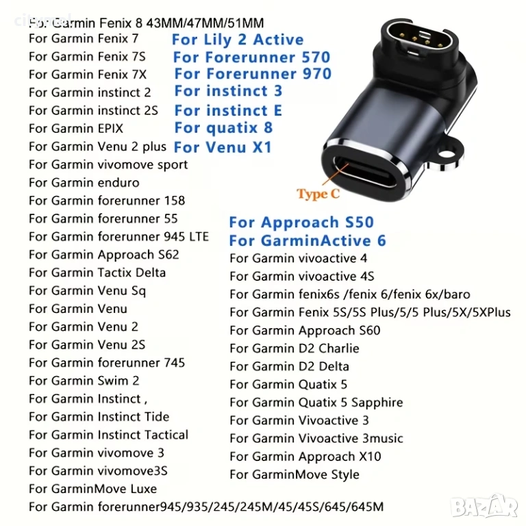 Преходник от Type C за Garmin Fenix 8, 7, 6, 5, Vivoactive 3, 4, 4, Venu 2, 2S, Forerunner  и др., снимка 1