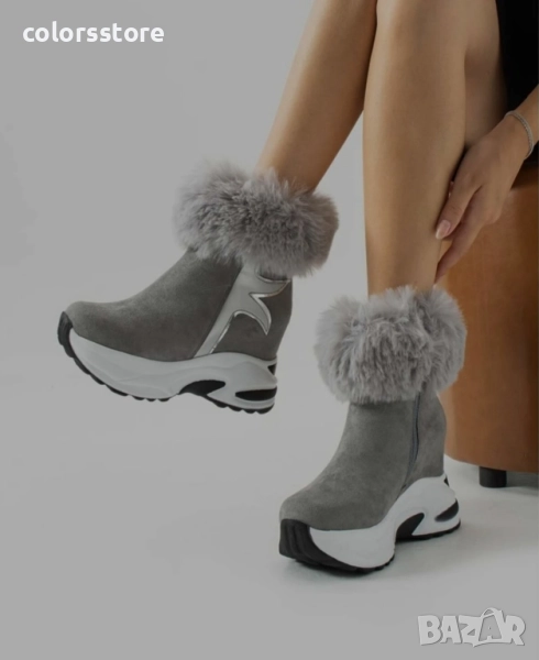 Боти на платформа - сив велур с пух - BH2025 , снимка 1