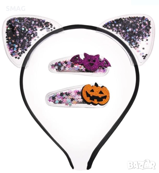 Комплект Halloween / Хелоуин с диадема и фиби за коса – Тиква и прилеп, 3 броя_1255386, снимка 1