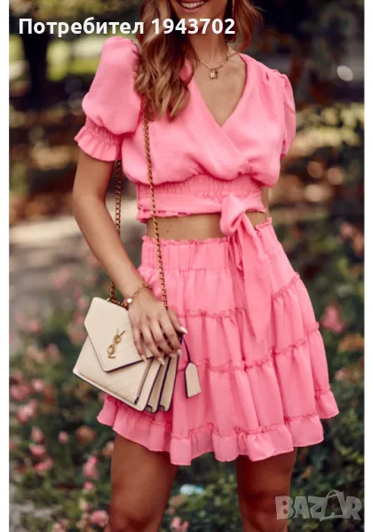 Къса дамска пола с волани в розов цвят 4008, снимка 1