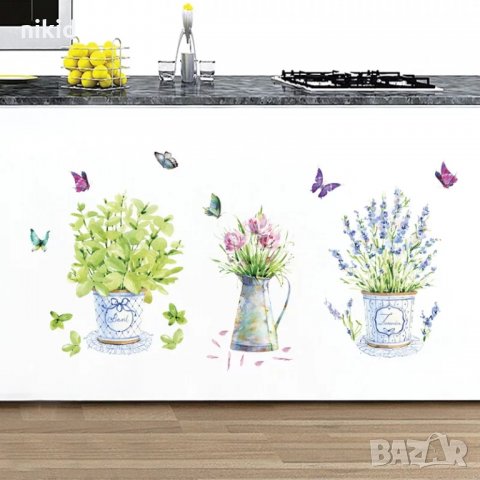 Свежи цветя лавандула ваза саксия самозалепващ стикер лепенка за стена кухня украса декор, снимка 2 - Други - 34250794