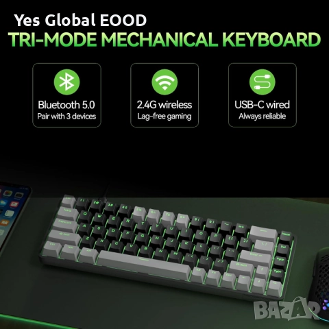 TMKB T68 безжична механична клавиатура 60% RGB три режима, снимка 2 - Клавиатури и мишки - 52849431