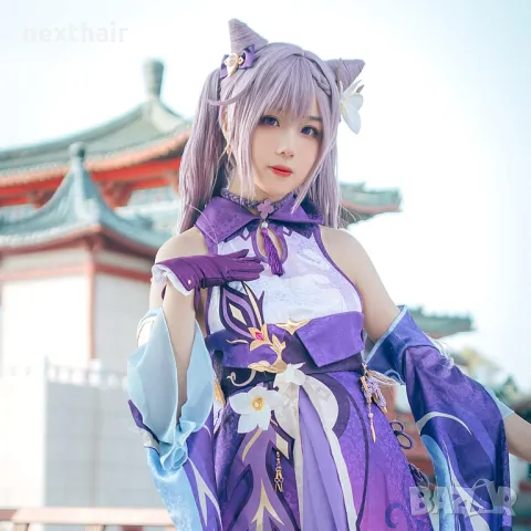 Аниме косплей лилава перука с две опашки Genshin Impact Keqing Cosplay, снимка 3 - Аксесоари за коса - 50340487