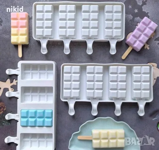 4 малки ескимо шоколад плочка блокчета парче сладолед Popsicle Попсикъл силиконова форма молд калъп, снимка 3 - Форми - 49264957