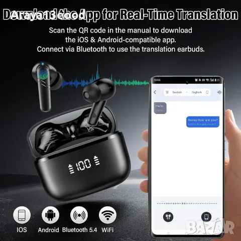 AI слушалки с превод в реално време – 144 езика, Bluetooth 5.4, снимка 4 - Безжични слушалки - 55936506