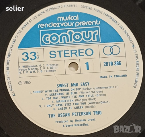 The Oscar Peterson Trio ‎– Sweet And Easy Издание 🇬🇧 UK  Стил:JAZZ,BOP Състояние на винила:NEAR MI, снимка 3 - Грамофонни плочи - 53650638