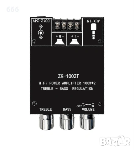 Стерео усилвател, ZK-1002T, Bluetooth 5.0, 20W*2, черен, 12-24V