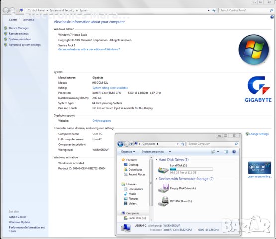 Компютър Gigabyte GA-945GMC-S2L, Core 2 Duo E6300, 2RAM, Windows 7, снимка 5 - За дома - 41262850