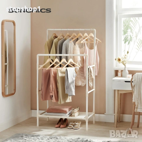 SONGMICS Закачалка за дрехи, метална стойка с 2 релси за окачване и рафт за съхранение, максимално н