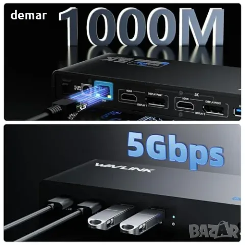 WAVLINK USB-C DisplayLink Docking Station с 2× HDMI/DP, Gigabit Ethernet и 6× USB 3.0, снимка 7 - Друга електроника - 55850039