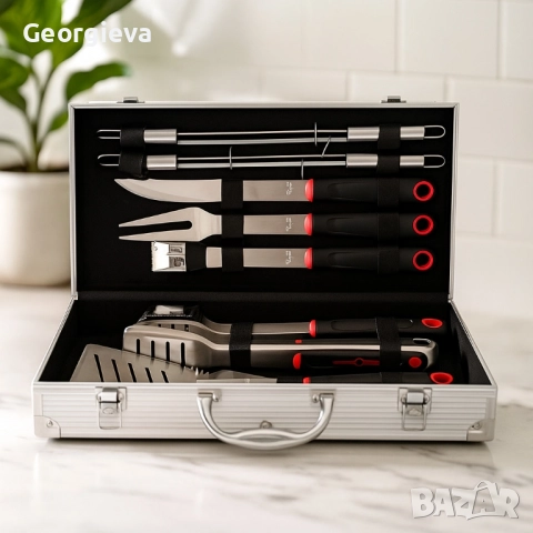 Луксозен комплект от 11 инструмента за барбекю в алуминиев куфар, снимка 2 - Барбекюта - 52174836