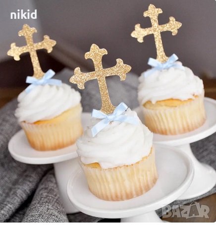 Кръст с панделка брокатен топер сребрист златист цвят декор за торта кръщене, снимка 2 - Други - 24316560