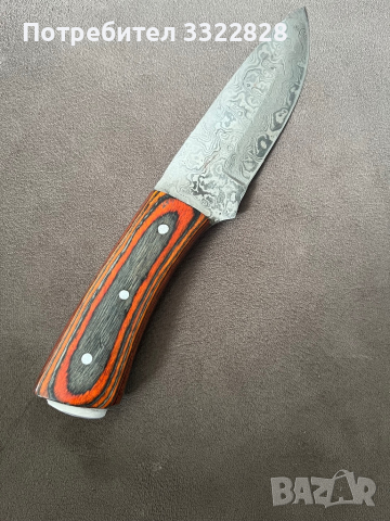 Ловен нож от Дамаска стомана дръжка дърво кожена кания, снимка 4 - Ножове - 44746180