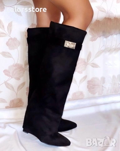 Ботуши на платформа - черен велур - K-40 , снимка 2 - Дамски ботуши - 51437090