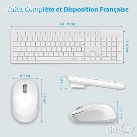 Безжичен комплект клавиатура и мишка – ултратънък и тих (AZERTY), снимка 6 - Клавиатури и мишки - 53084416