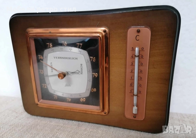Стилен винтидж барометър с вграден термометър, изработен от дърво и метал с медни елементи., снимка 2 - Декорация за дома - 52341525