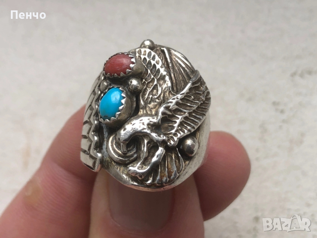 стар дизайнерски сребърен пръстен с тюркоаз и корал
