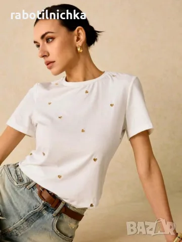 Бяла тениска с бродирани сърца, снимка 1