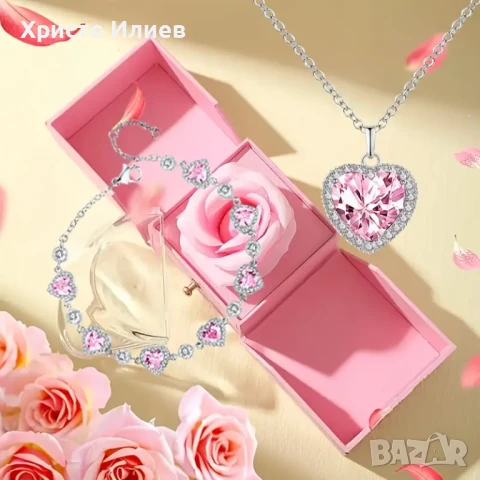 Луксозен комплект бижута с розов кристал и подаръчна кутия с роза Перфектният романтичен подарък, снимка 5 - Бижутерийни комплекти - 51296216