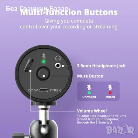 Нов Професионален гейминг микрофон с AI шумова редукция и USB-C връзка, снимка 3 - Микрофони - 48196738