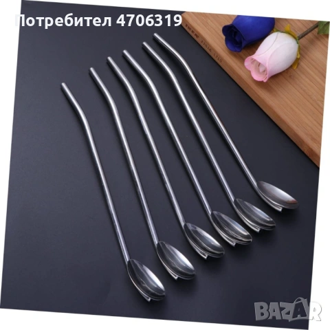 Комплект от 6 бр.метални лъжици със сламки 2в1+подарък четка, снимка 3 - Прибори за хранене, готвене и сервиране - 53152026