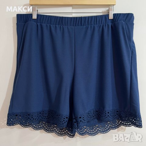 Макси еластични къси панталонки с висока талия, джобове и красива дантела в цвят син петрол и черно, снимка 1