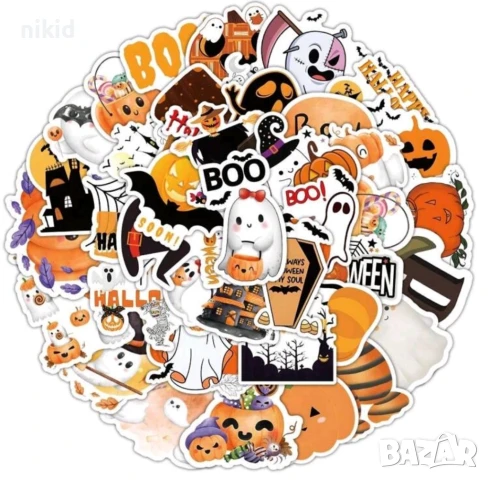 50 бр Тиква Хелоуин Halloween самозалепващи лепенки стикери за украса декор картонена торта и др, снимка 2 - Други - 50964142