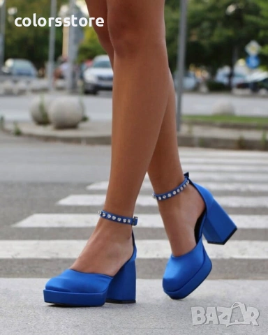 Сандали на ток - син сатен - VSN1

