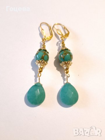 Разкошен комплект бижута обици и колие с камъни Нефрит и Азурит и орнаменти в цвят Антично злато, снимка 13 - Бижутерийни комплекти - 42512511