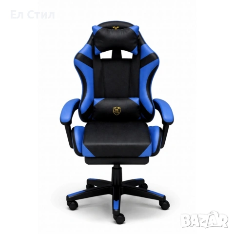 Ергономичен геймърски стол с масажна функция и поставка за крака – черно-син, снимка 7 - Столове - 53565304