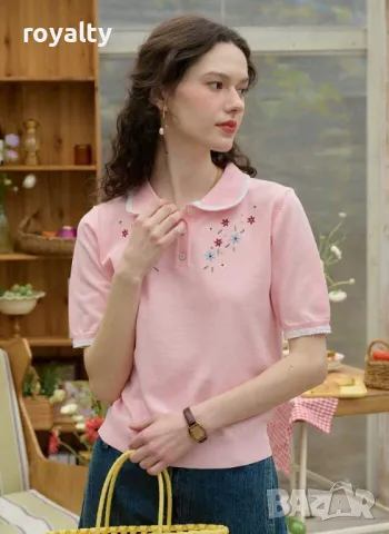 Блуза във френски стил с флорална бродерия и копчета в розово 🍓, снимка 7 - Блузи с дълъг ръкав и пуловери - 49206076